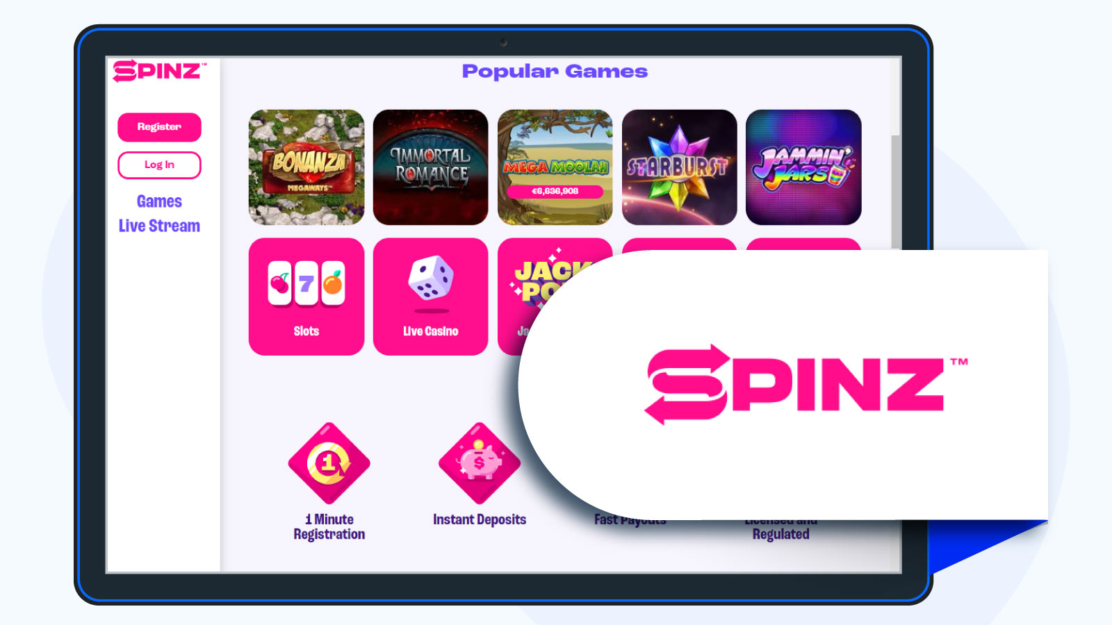 Spinz 5th place on our best pokie sites list