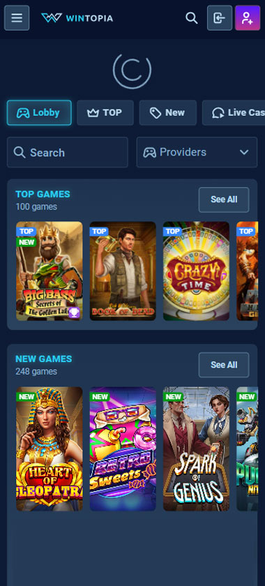 Wintopia Casino game types mobile review