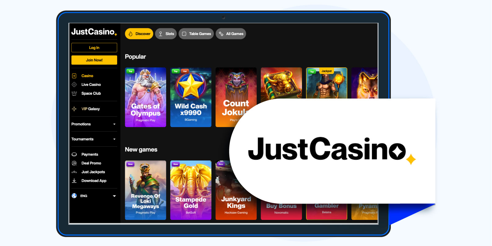 JustCasino - 100% up to $500 + 100 free spins